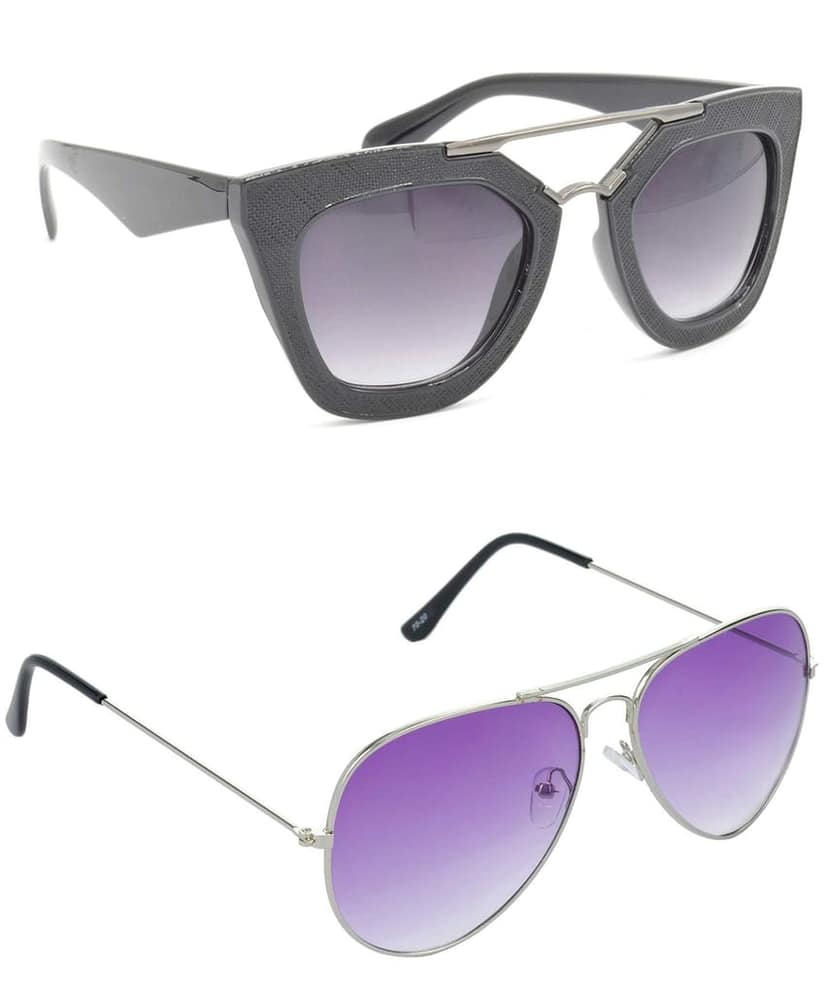 HRINKAR Unisex Rectangular Sunglasses Black & Silver Frame, Grey & Violet Lens (Medium) - Pack of 2