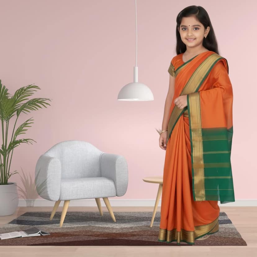 Mom and Me Girls Ethnic Pre-Stitched Belgaon Silk Saree - Vibrant Orange & Green with Golden Zari Border view 2