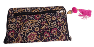 Black and Maroon Hand Embroidered Cotton Sling Bag with Tassel