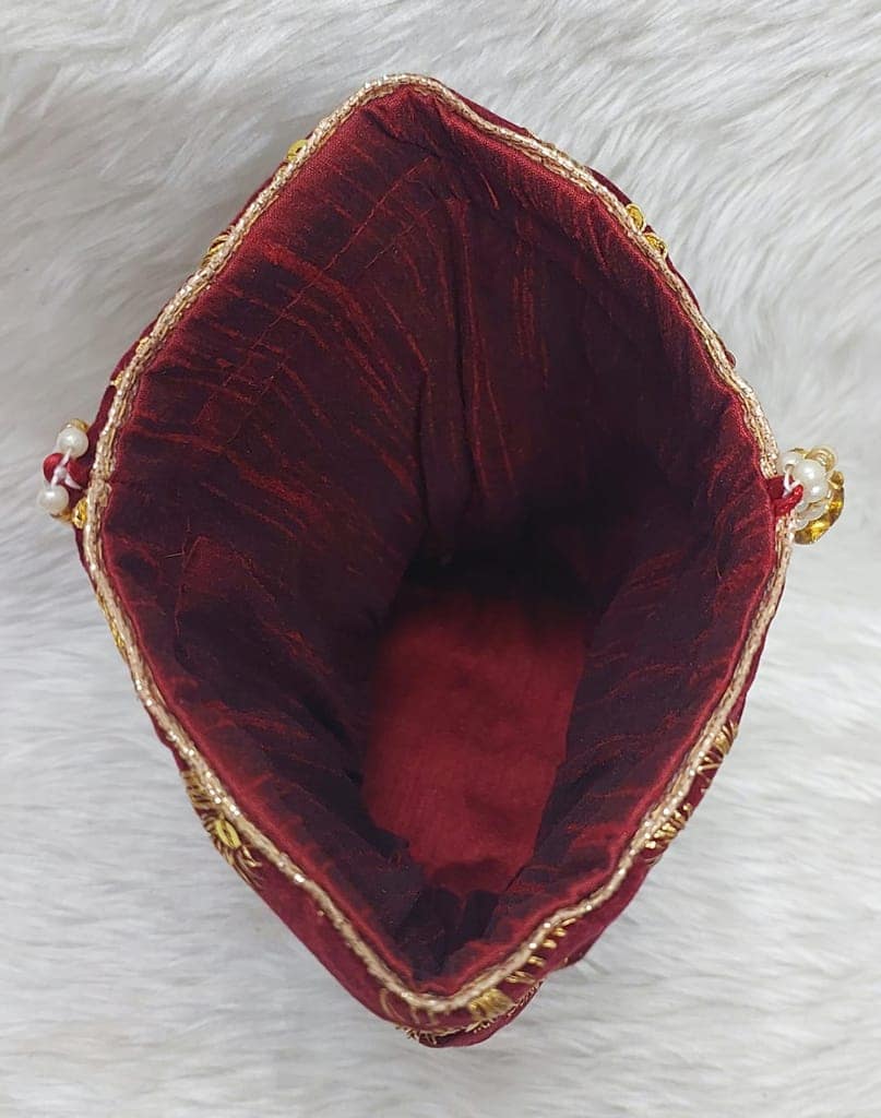 Elegant Maroon Velvet Potli Bag with Zari Embroidery & Pearl Handle view 3