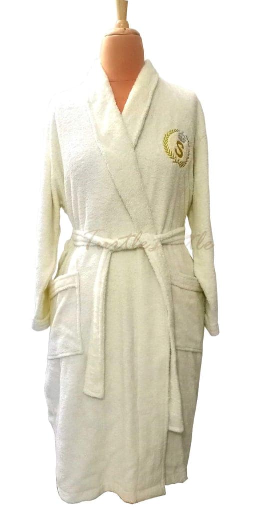 TurtleLittle, Cotton, Personalised Bathrobe for Adults, Men/Women with Name and Initials, 350 GSM (Set of 1, Ivory White)
