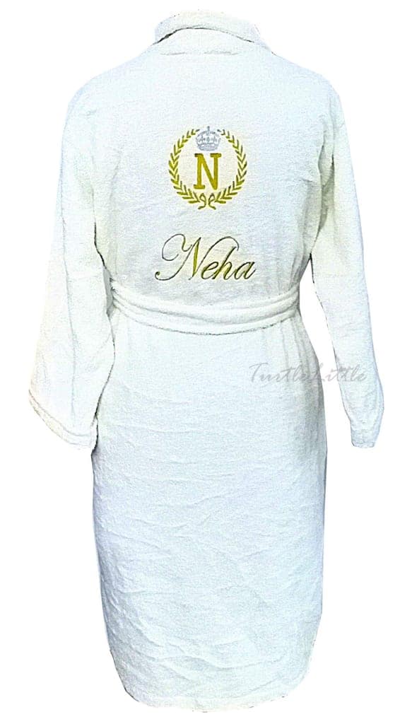 TurtleLittle, Cotton, Personalised Bathrobe for Adults, Men/Women with Name and Initials, 350 GSM (Set of 1, Ivory White) view 2