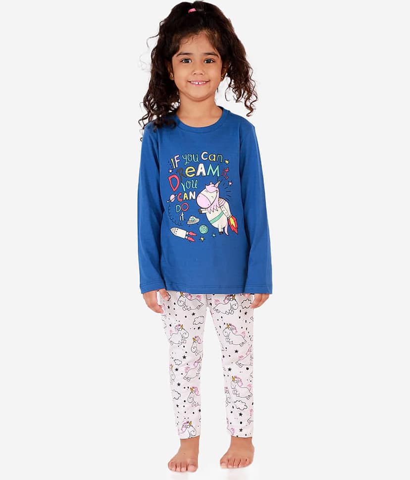 Lazy Shark Pack of 1 Girls Cotton Blend Nightsuit Set ( Blue )