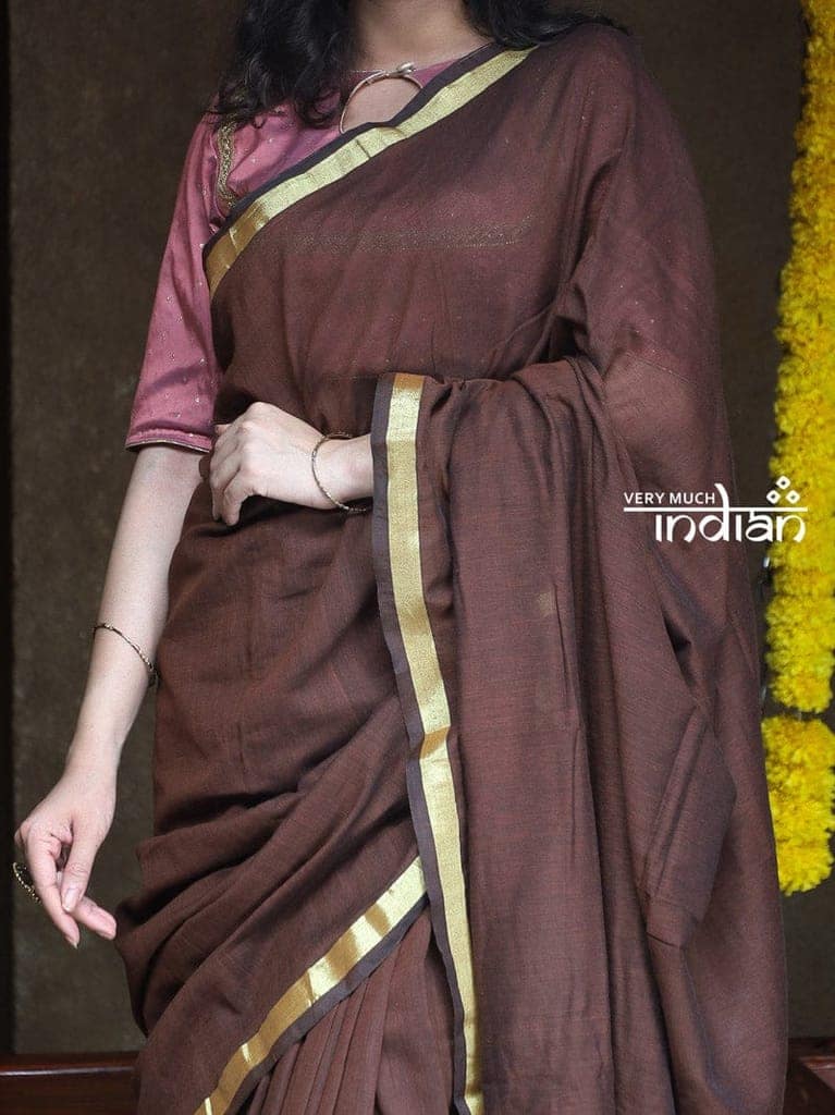 Saadgi ~Pure Cotton Handloom Sarees with Intricate Borders ~ Brown view 4
