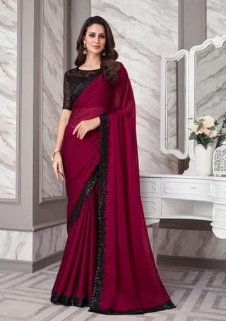 Embroidered Border Satin Georgette Scalloped Saree in Magenta