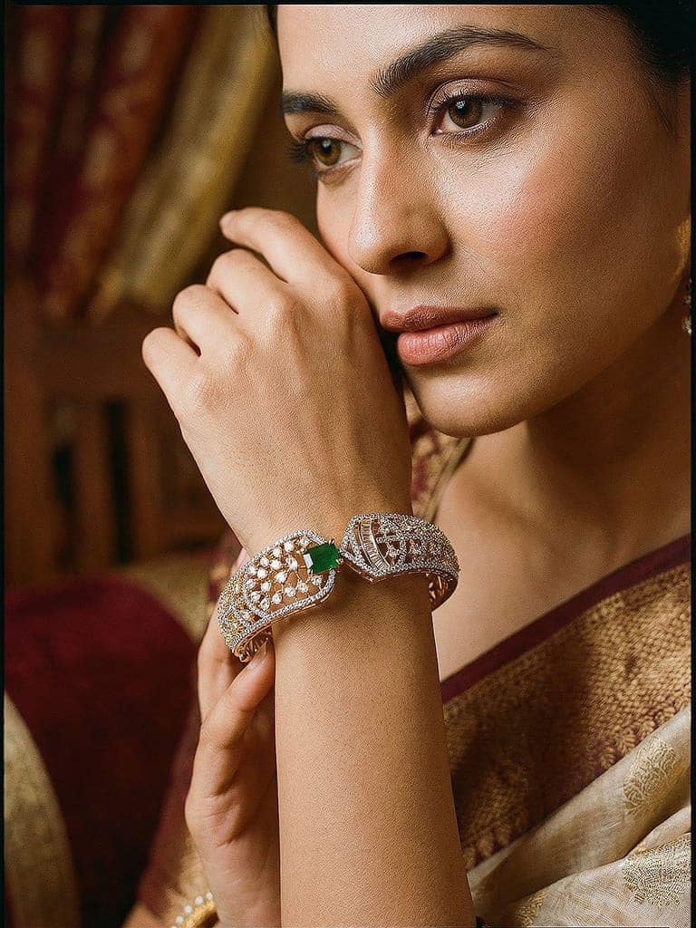 Gold Toned Green AD Zircon Studded Designer Kada Bracelet view 2