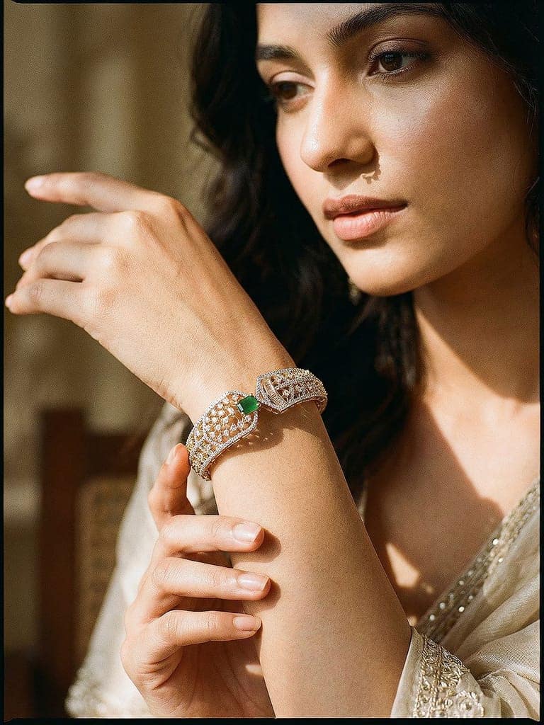 Gold Toned Green AD Zircon Studded Designer Kada Bracelet view 4