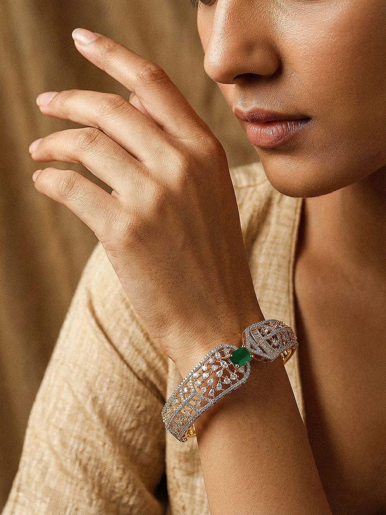 Gold Toned Green AD Zircon Studded Designer Kada Bracelet view 5