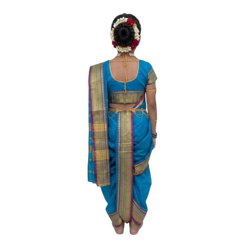 Mom and Me Girls' Ready-to-Wear Mastani Nauwari Saree with Stitched Blouse | Traditional Maharashtrian Ilkal Border | Soft Acrylic Cotton | Age 12 Months to 15 Years (Blue, 12-13 Years) view 2