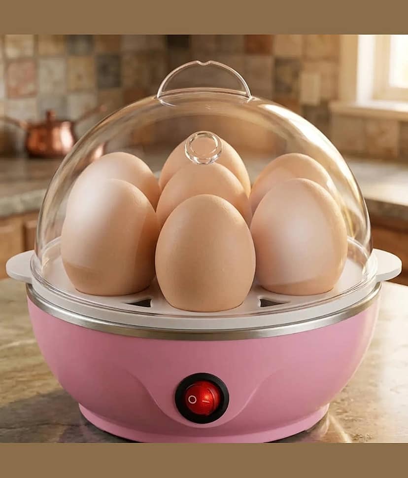Electric Egg Boiler, Pink and White, Automatic Shut-Off, 7 Egg Capacity, Plastic and Steel Construction, 10-Minute Cooking Time