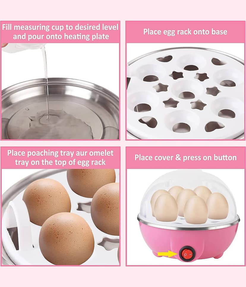 Electric Egg Boiler, Pink and White, Automatic Shut-Off, 7 Egg Capacity, Plastic and Steel Construction, 10-Minute Cooking Time view 2