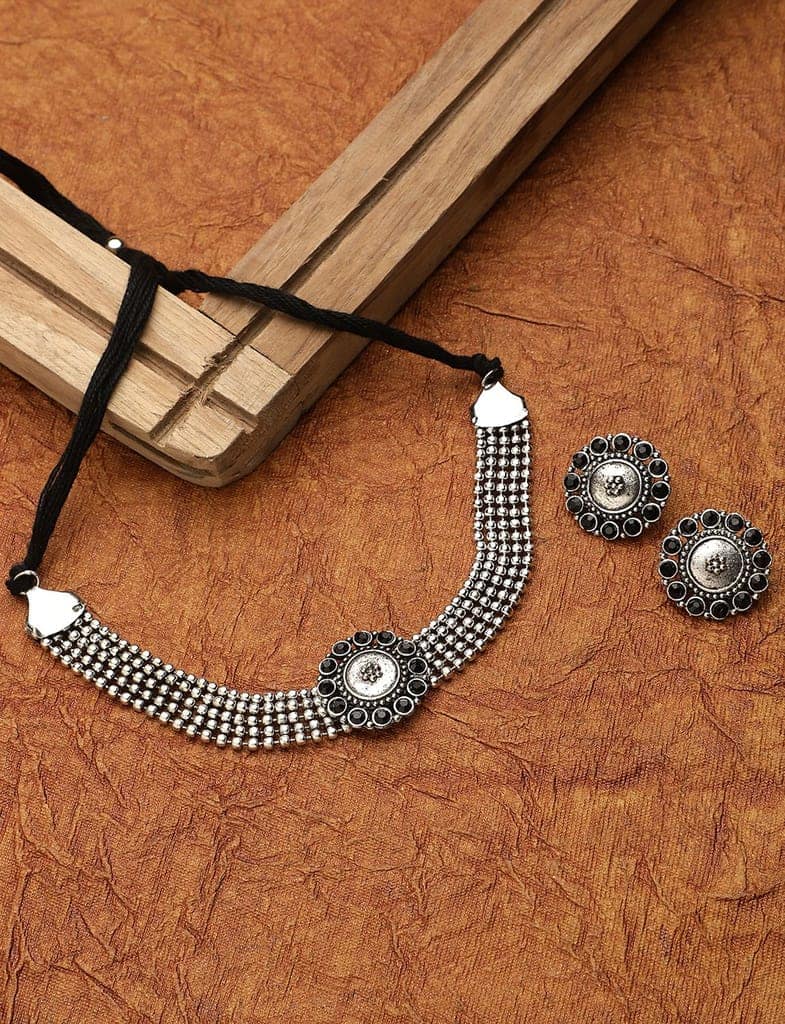 Cardinal Oxidized Black Stone Choker Silver Color Necklace Set view 2