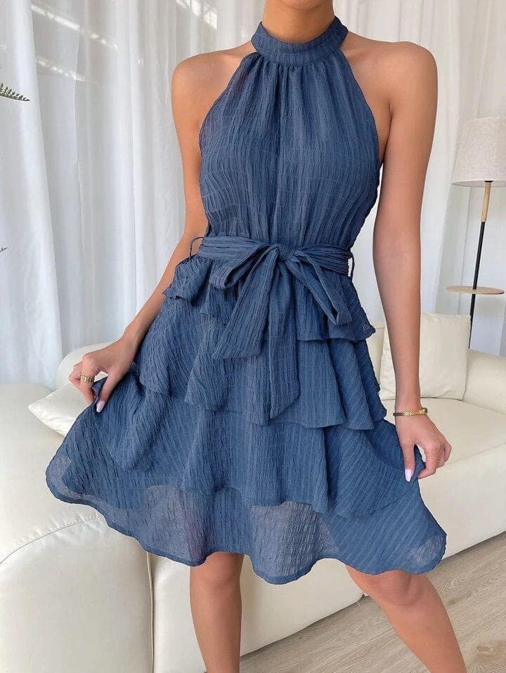 Elchic Halter Neck Layered Hem Belted Mini Dress view 3
