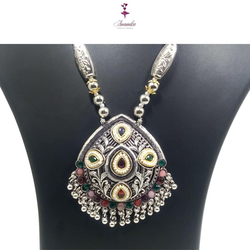 ANAMIKA Luxury Handcrafted Necklace Jewellery Set with Ear Rings, Oxidized, Oval Pendant, Grey Pink and Green stone view 3