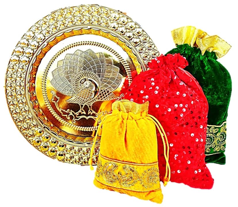 Omkar by R3 Inc. Gold Gift Plate with Assorted size Shagun Potli for Gifts Hampers | Fancy Hamper| Wedding Basket / Pouch for gift Packing (Pack of 4)