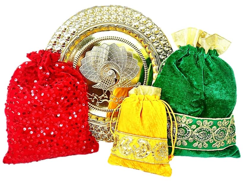 Omkar by R3 Inc. Gold Gift Plate with Assorted size Shagun Potli for Gifts Hampers | Fancy Hamper| Wedding Basket / Pouch for gift Packing (Pack of 4) view 2