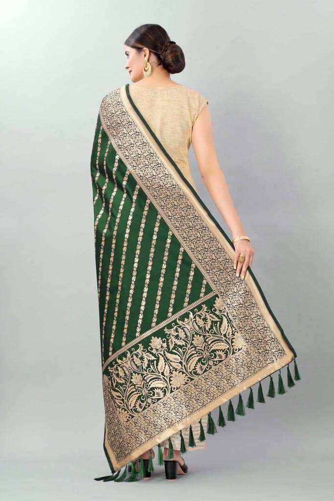 Women Dark Green &amp; Gold Coloured Striped Dupatta view 3