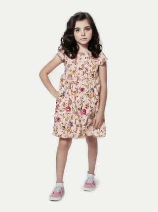 Girls Cream Floral Printed Dress
