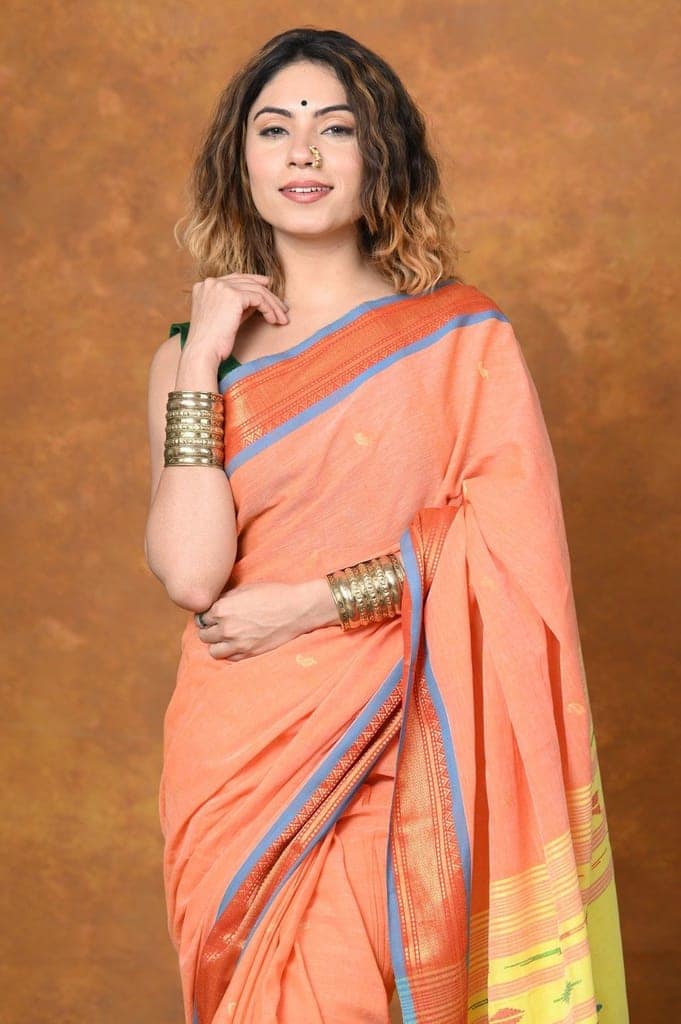 Handloom Pure Cotton Jijamata Paithani Saree With Traditional Double Pallu