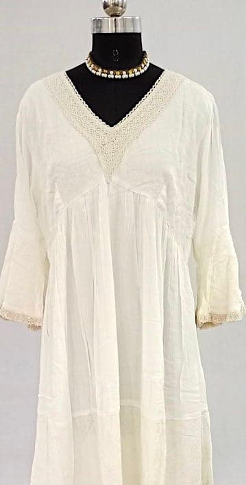 Classic Charm: V-Neck Pure Cotton White Dress view 3