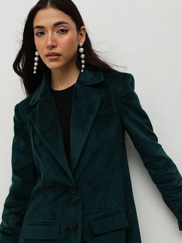Emerald Green Velvet Trench Coat view 2