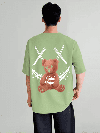 SCOTT FINCHER Men's Streetwear Hip Hop T-Shirt with Distressed Teddy Bear Graphic printed T-Shirt : AA(ARN)LGREEN_08