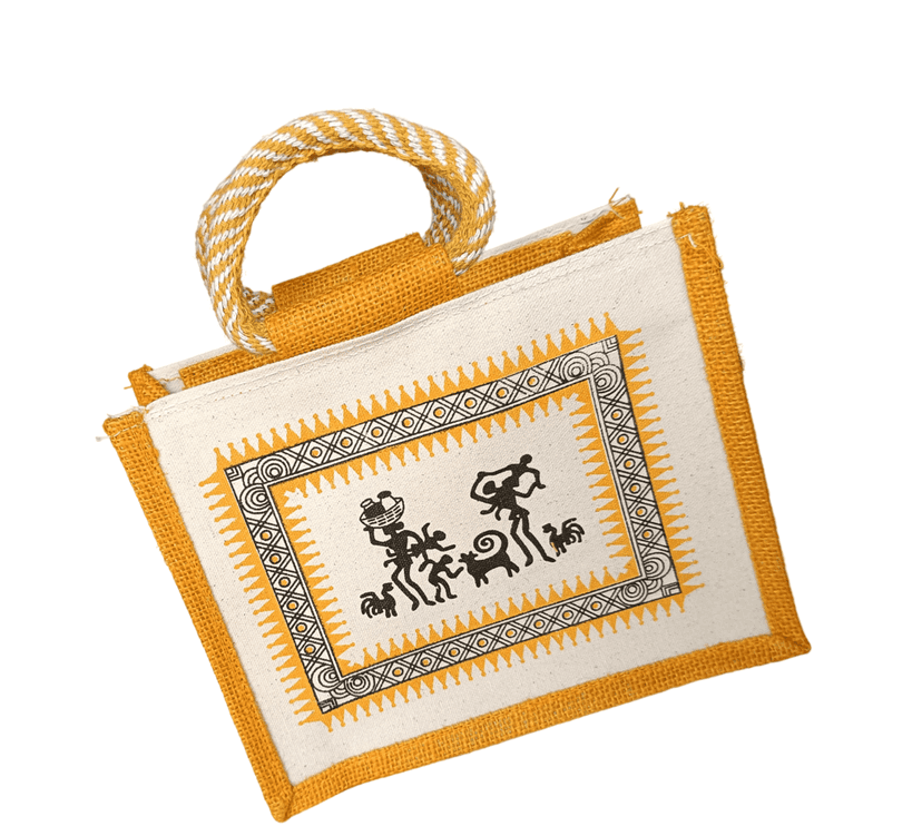 Handmade Jute Bag with Warli Painting - Eco-Friendly and Reusable Bag (Small) view 4