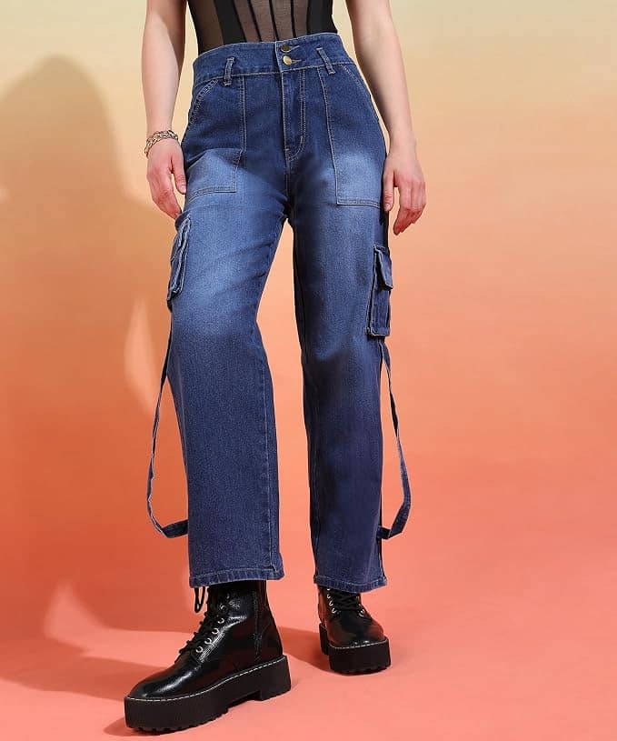 Glossia Fashion Women Cargo Jeans | High Waist Stretchable Wide Leg Straight Fit Denim| Boyfriend Jeans for Women - Denim Blue, 32 view 2