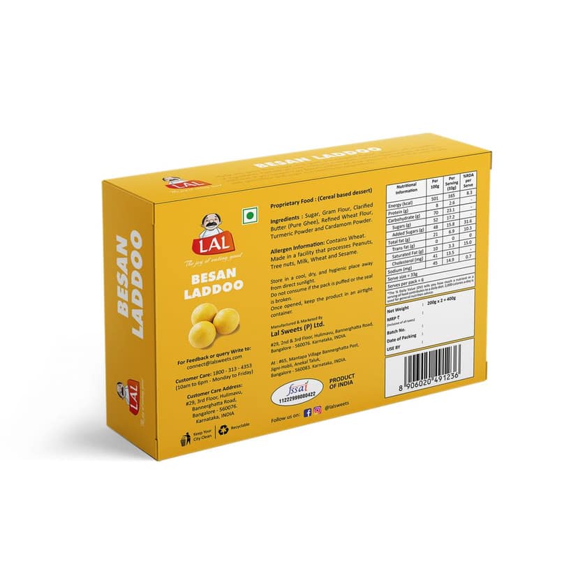 Lal Sweets Besan Laddoo Premium 400g (Pack of 1) || Made with Pure Desi Ghee || Handcrafted Indian Traditional Sweet || Ghee Laddoo || view 3