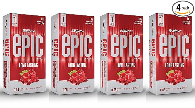 Manforce Epic Pleasure Long Lasting Premium Condoms for Men Super Thin Raspberry Flavour Disposable Pouch (10 Counts) x Pack of 4