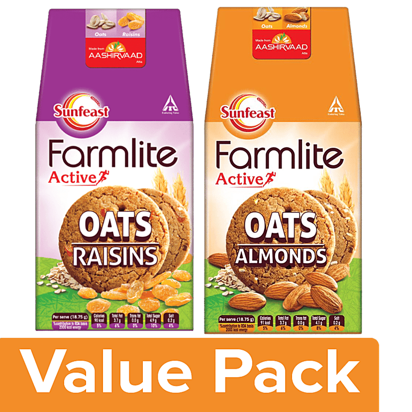 Sunfeast Farmlite Biscuit - Oats & Almonds 150g + Farmlite Biscuit - Oats & Raisins 150g, Combo 2 Items