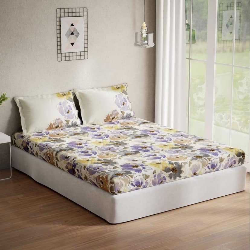DDECOR - Optima Collection 100% Cotton Floral Pattern 136TC Queen Bedsheet |224 CM X 254 CM| with 2 Pillow Covers - Purple