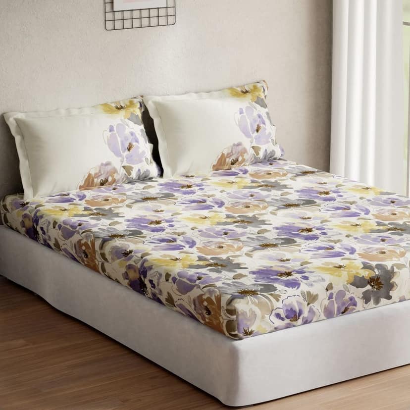 DDECOR - Optima Collection 100% Cotton Floral Pattern 136TC Queen Bedsheet |224 CM X 254 CM| with 2 Pillow Covers - Purple view 2