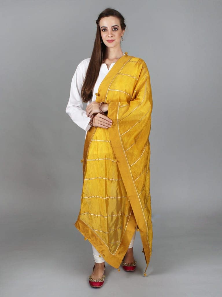Nugget-Gold Gota Dupatta from Amritsar with Patch Border and Pom-Poms view 2