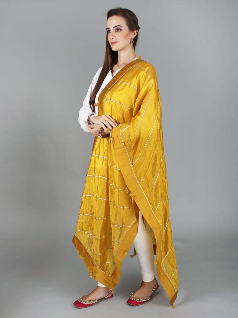Nugget-Gold Gota Dupatta from Amritsar with Patch Border and Pom-Poms view 3