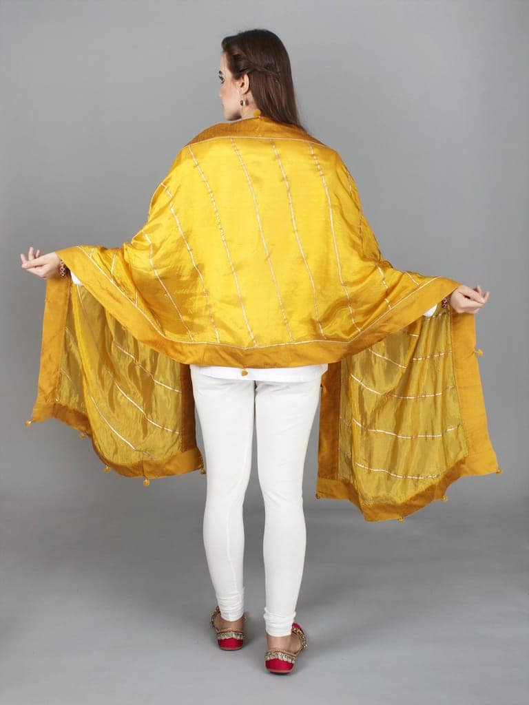 Nugget-Gold Gota Dupatta from Amritsar with Patch Border and Pom-Poms view 4