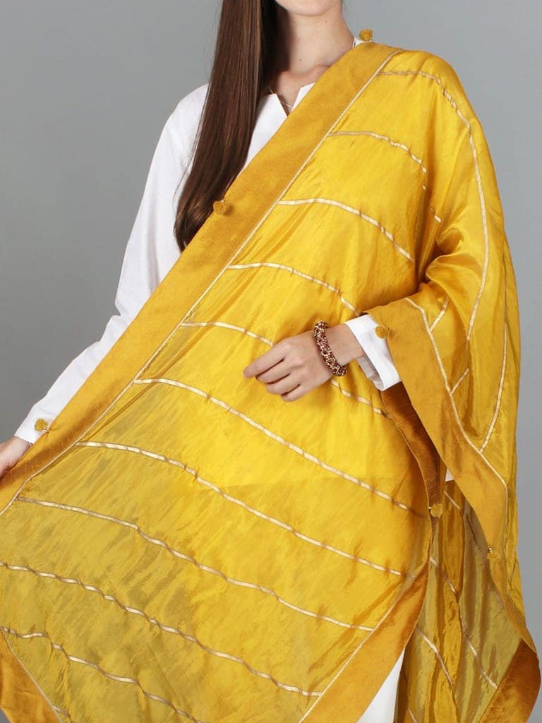 Nugget-Gold Gota Dupatta from Amritsar with Patch Border and Pom-Poms view 6