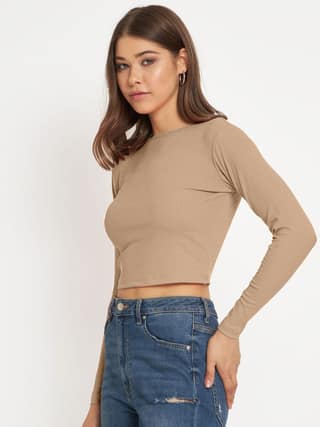 Women Light Brown cropped Full Sleeve T shirts