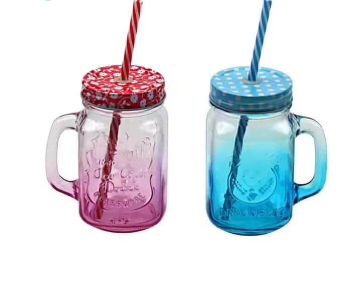 Glass Mason Jar with Air Tight Lid & Straw 450 ML Handle Mason Mug Jars for Drinks,Beverages Fruit,Juice,Coco, Milk, Water (Multi-Colour) Pack of 2