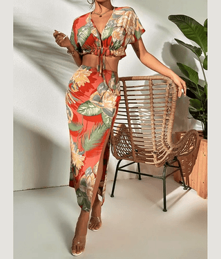 COOL AND CASUAL Women Printed Top With Skirt Co-Ord Set ( Rust )