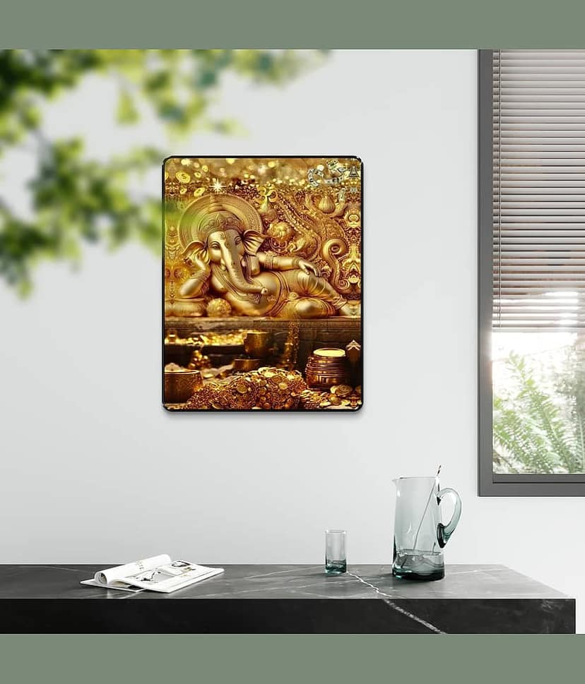 Livin'luxe Golden Ganesh Treasure Wealth Wall Art Black Frame Sparkle Lamination Pooja Home Decor Painting view 2