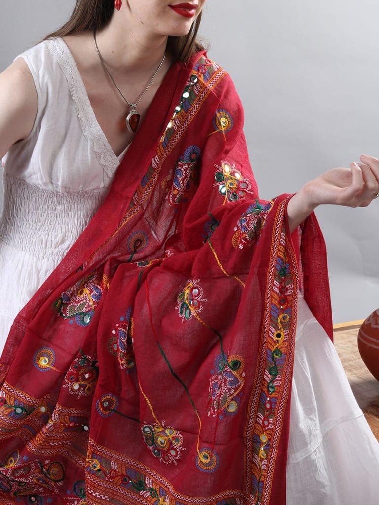 Garnet Printed Dupatta from Kutch with Hand-Embroidered Florals and Mirrors view 2