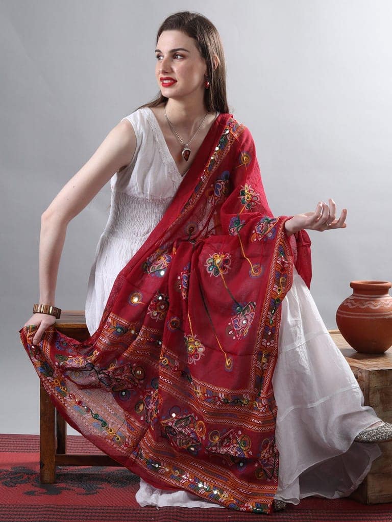Garnet Printed Dupatta from Kutch with Hand-Embroidered Florals and Mirrors view 3