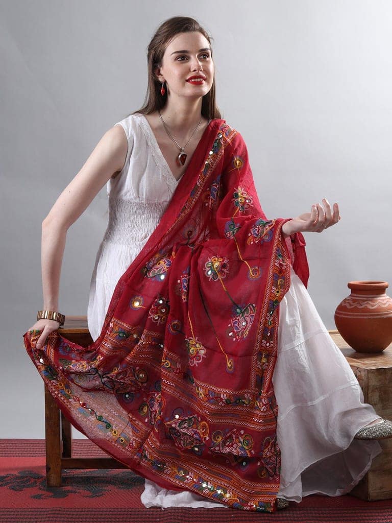 Garnet Printed Dupatta from Kutch with Hand-Embroidered Florals and Mirrors view 4