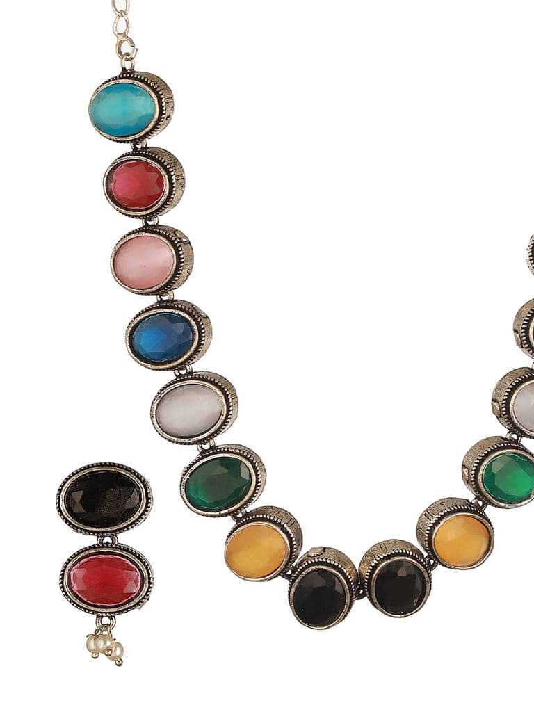 Silver Oxidised Nav Ratan Multicolored Minimal Tribal Necklace Jewellery Set view 6