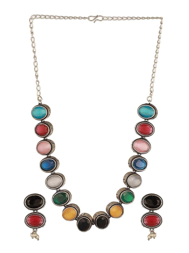 Silver Oxidised Nav Ratan Multicolored Minimal Tribal Necklace Jewellery Set view 7