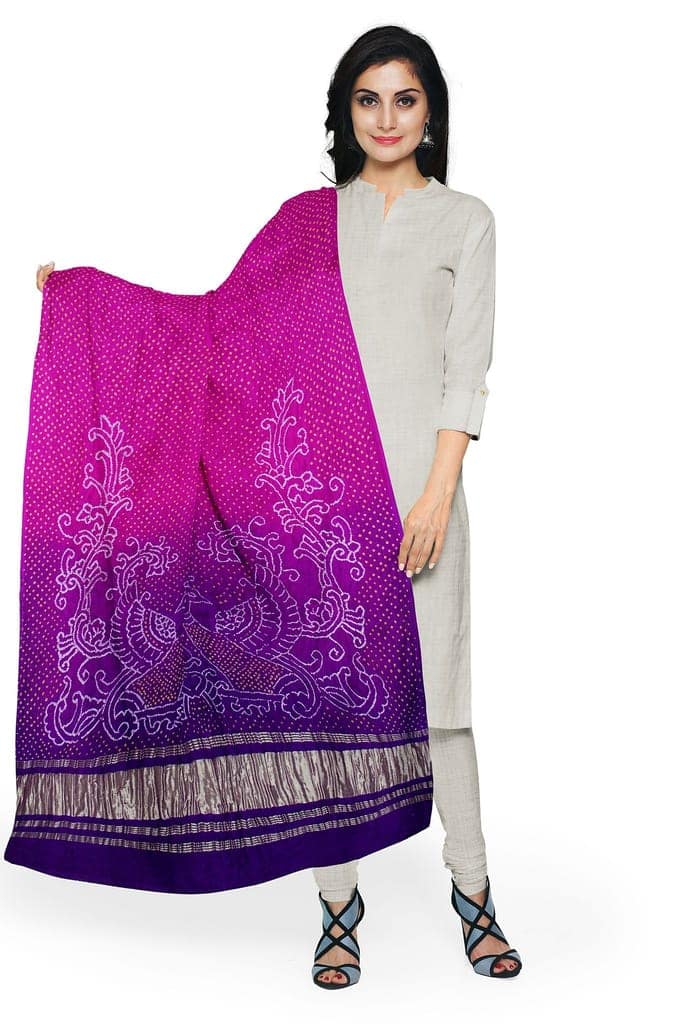 Garvi Gurjari (A Gujarat Govt Enterprise) Pink and Purple Handwoven Gaji Silk Bandhani Dupatta(GGCGBD30) view 3
