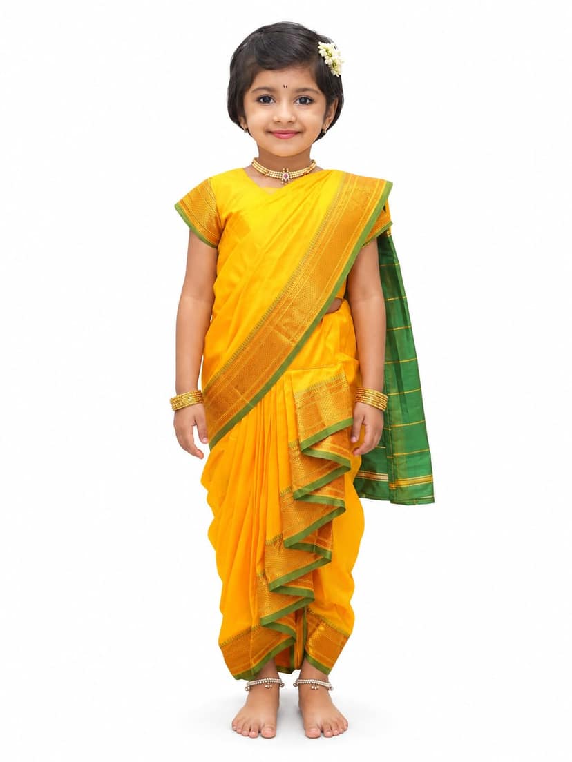 Mom and Me Nauvari Saree for Girls/Baby Girl, Ready to Wear, Marathi Maharashtrian Traditional Saree, Festival Outfit for Puja, Ganpati Festival, School Programs stitch Blouse (Yellow, 12-13 years)