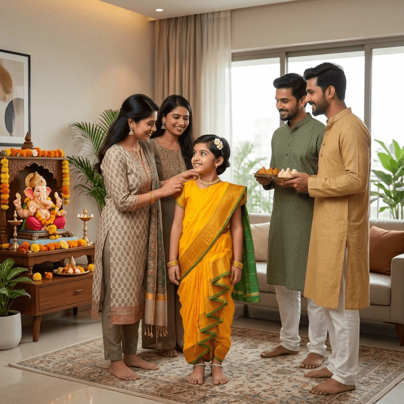 Mom and Me Nauvari Saree for Girls/Baby Girl, Ready to Wear, Marathi Maharashtrian Traditional Saree, Festival Outfit for Puja, Ganpati Festival, School Programs stitch Blouse (Yellow, 12-13 years) view 3