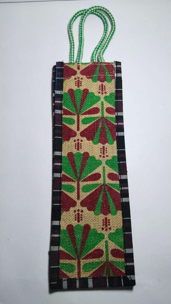 Handmade Jute Bottle Bag with Green Floral Print